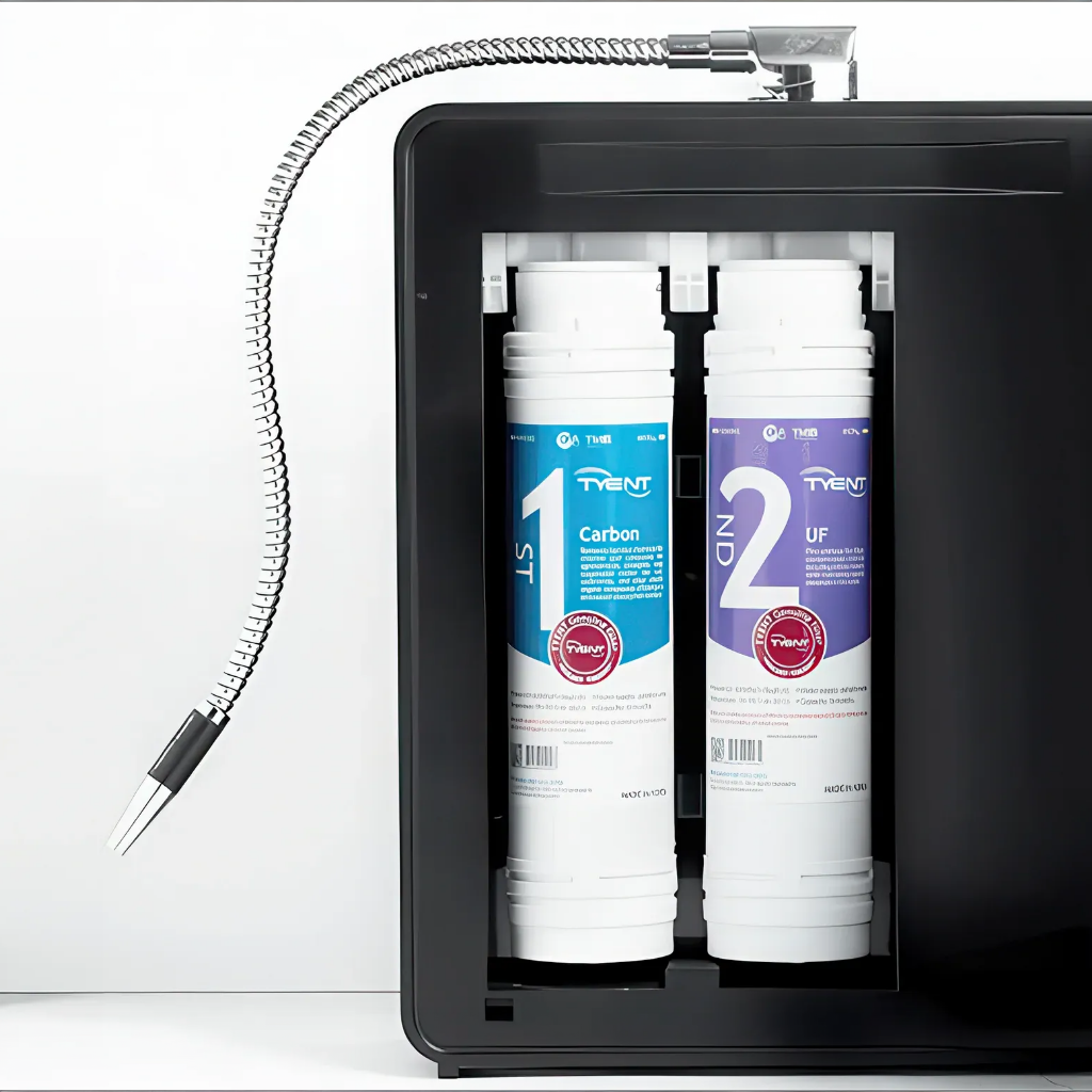 Tyent ACE-13 Turbo water ionizer dual filtration system with front load filters inside unit housing