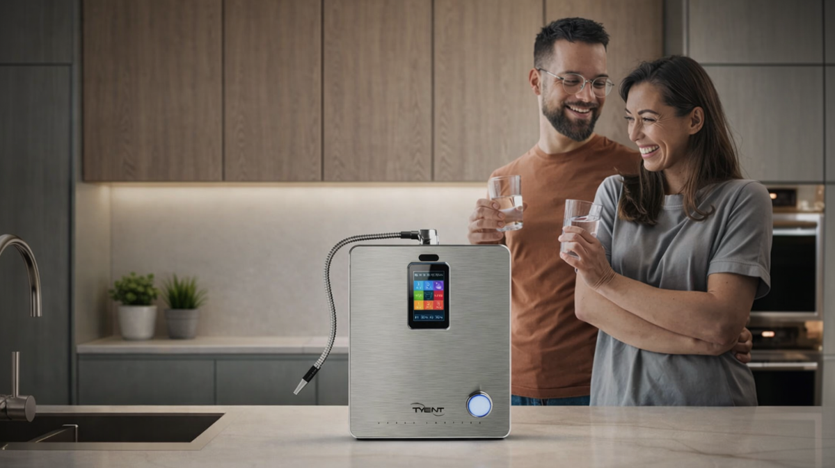 Tyent ACE-13 Turbo water ionizer countertop system in modern kitchen with couple drinking water for daily hydration