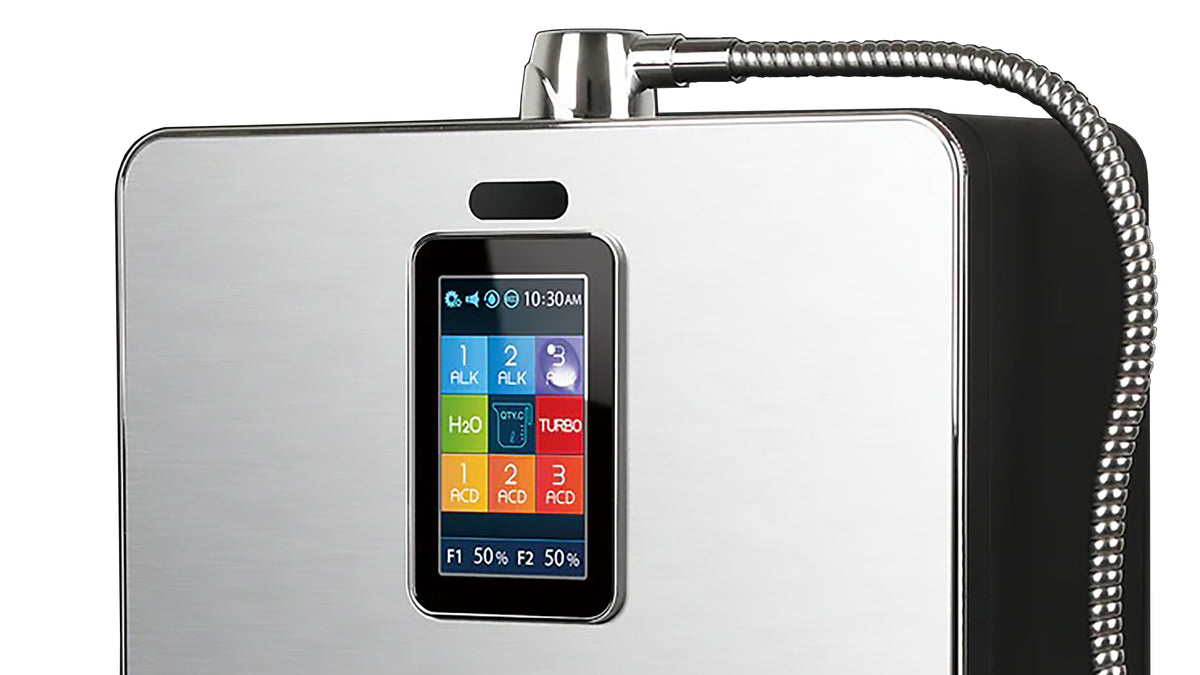 Tyent ACE-13 Turbo water ionizer touchscreen control interface close-up showing water selection modes