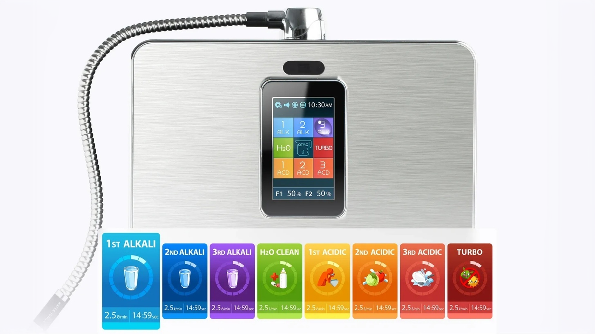 Tyent ACE-13 Turbo water ionizer screen displaying multiple water types including alkaline acidic and turbo modes