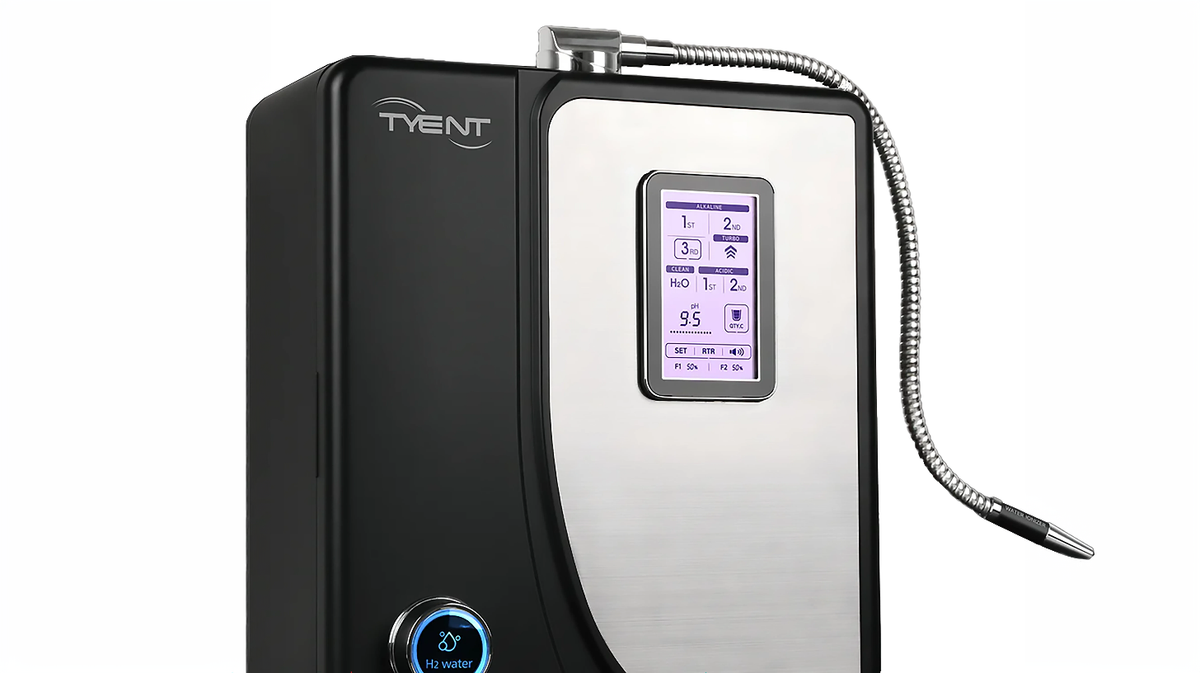 Tyent Alkaline H2 Hybrid water ionizer angled view touchscreen panel hydrogen water control countertop unit