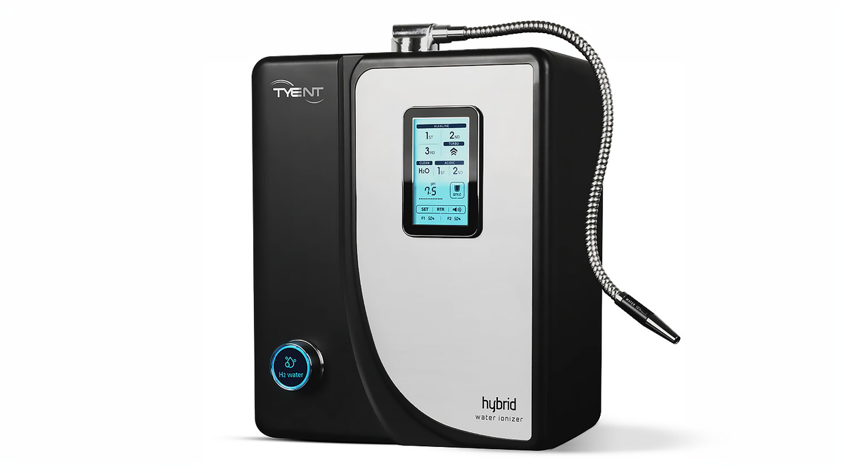 Tyent Alkaline H2 Hybrid water ionizer countertop unit front display hydrogen button clean studio background