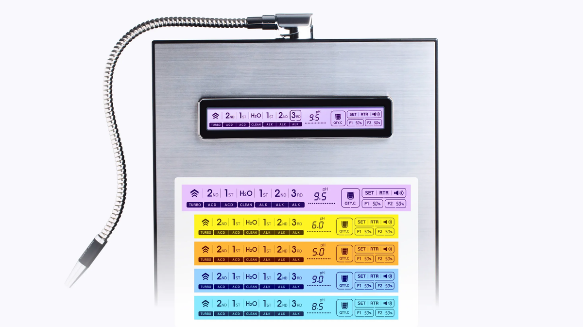 Tyent Edge 9000 Turbo water ionizer pH level color display showing multiple alkaline and acidic water settings