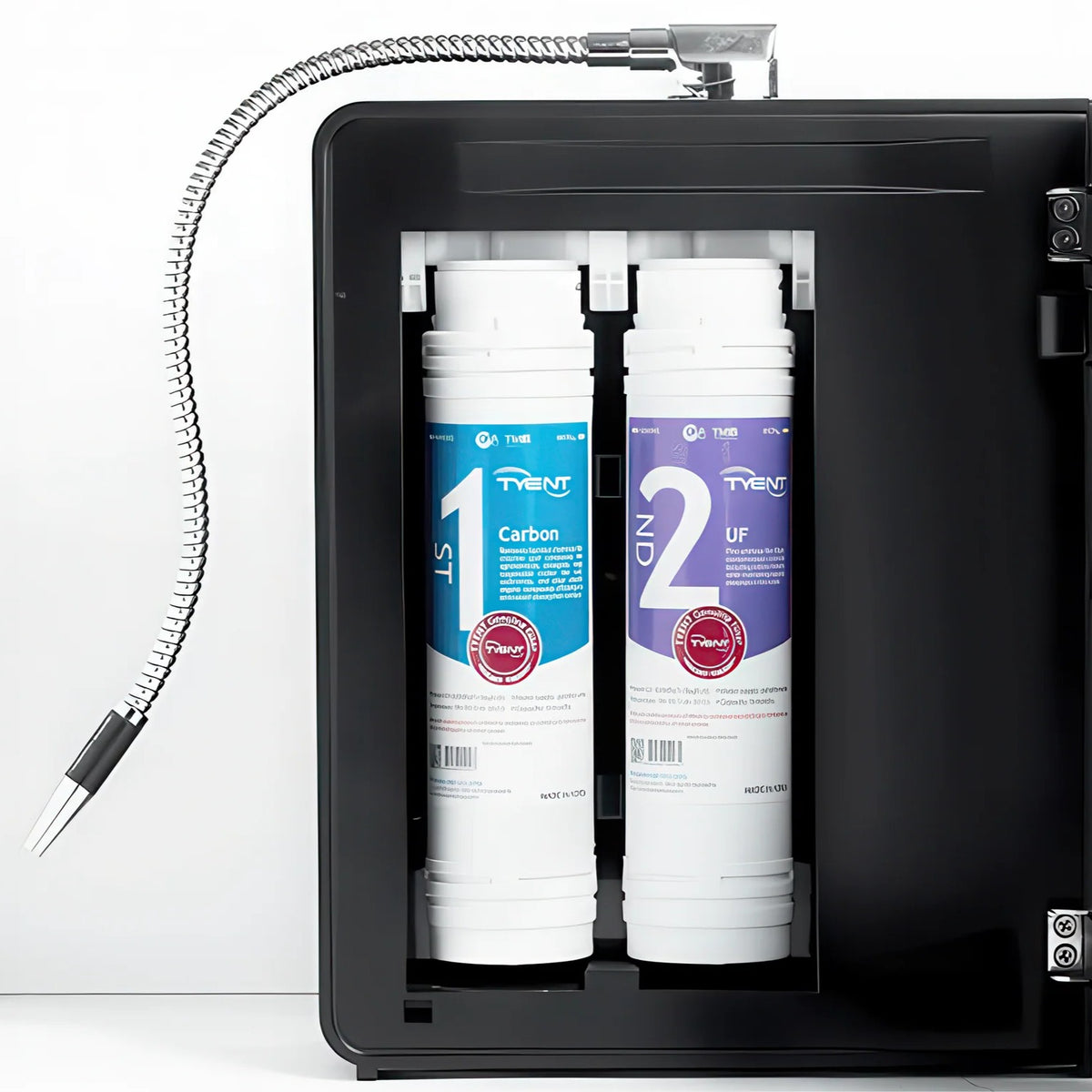 Tyent Edge 9000 Turbo water ionizer dual front-load filtration system showing carbon and UF filters inside unit
