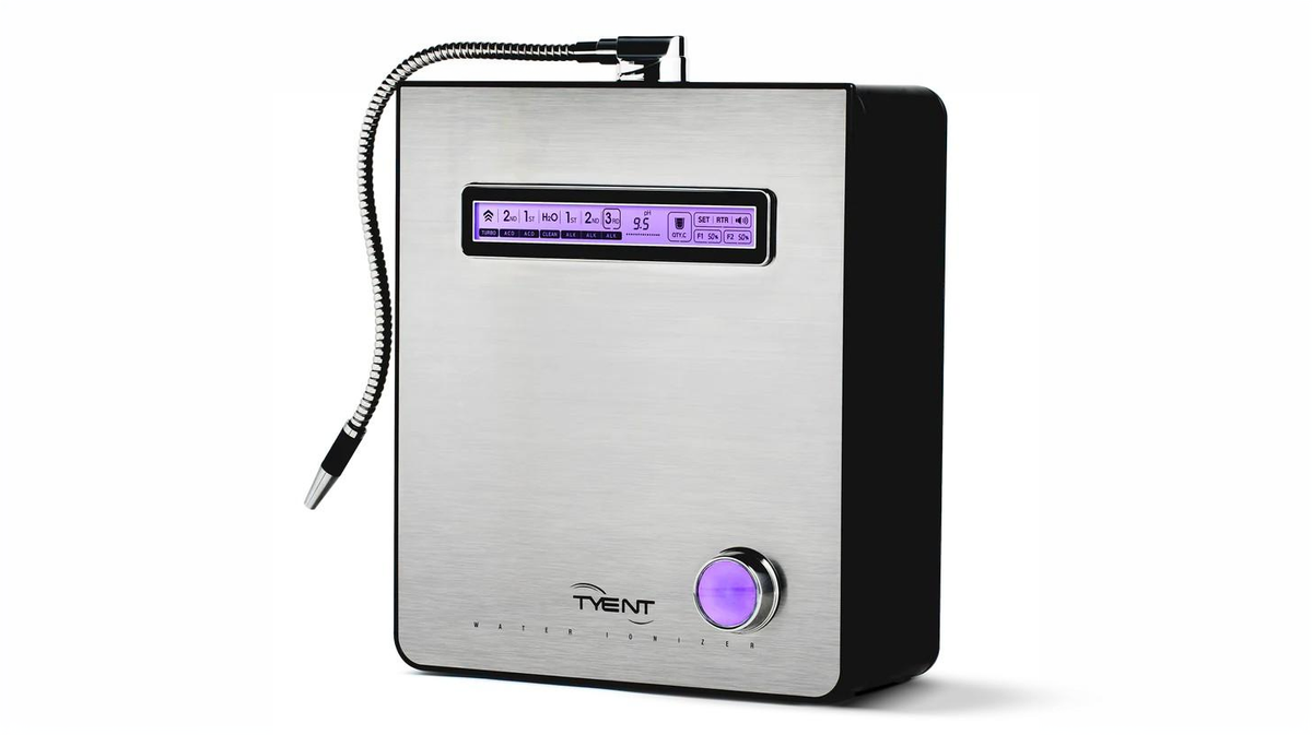 Tyent Edge 9000 Turbo water ionizer countertop unit front angled view with stainless steel finish and flexible dispensing hose