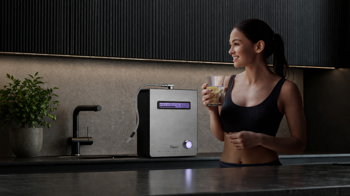 Tyent Edge 9000 Turbo water ionizer on modern kitchen countertop with clean interior setting and soft natural lighting
