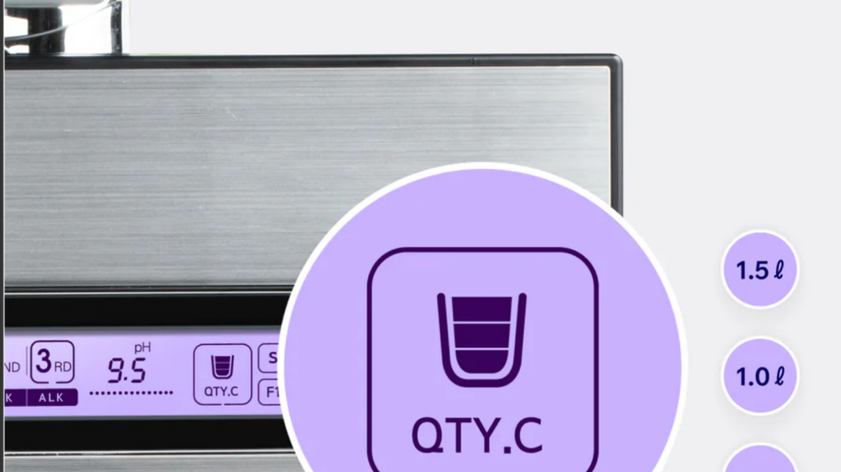 Tyent Edge 9000 Turbo water ionizer quantity control interface showing preset water volume selection options