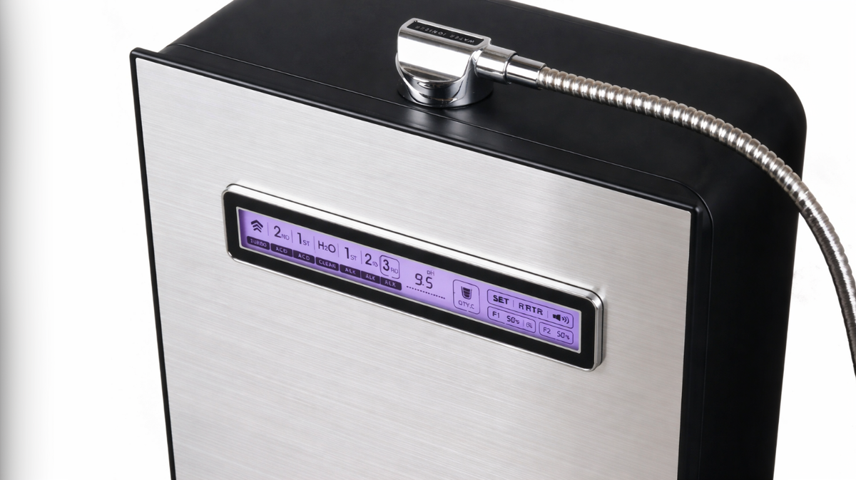 Tyent Edge 9000 Turbo water ionizer flexible hose and top outlet detail showing stainless steel dispensing nozzle