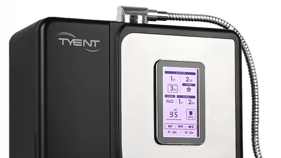 Tyent Alkaline H2 Hybrid water ionizer touchscreen display close-up pH control interface hydrogen water settings