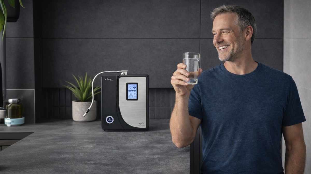 Tyent Alkaline H2 Hybrid water ionizer on kitchen countertop man holding glass of water modern home setting