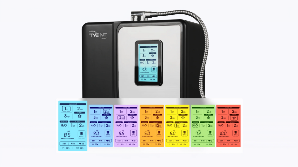 Tyent Alkaline H2 Hybrid water ionizer multiple pH levels display alkaline hydrogen acidic water modes interface