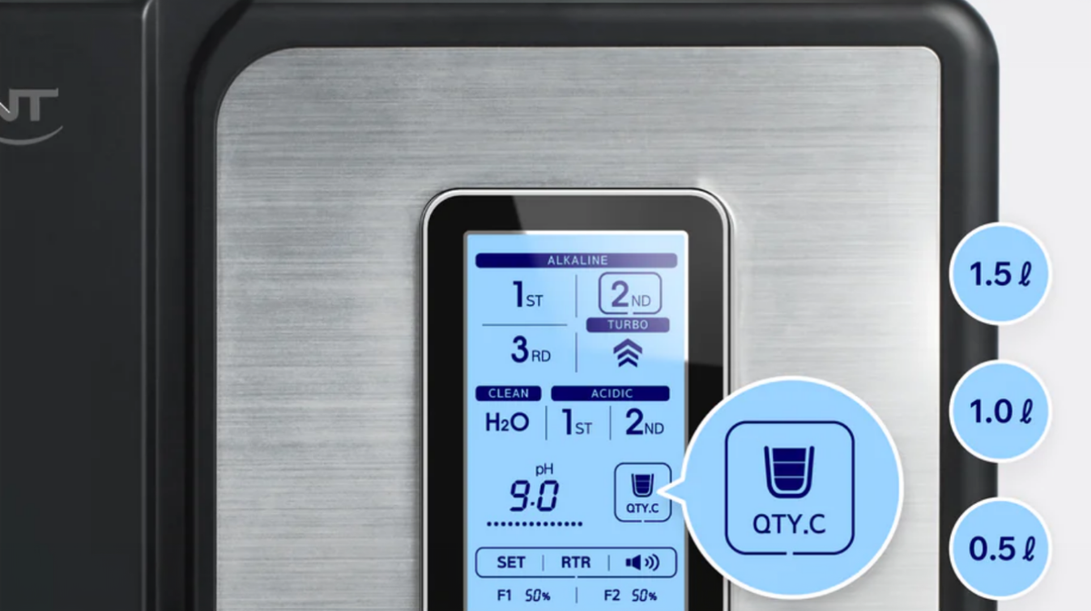 Tyent Alkaline H2 Hybrid water ionizer quantity control display preset water levels touchscreen interface