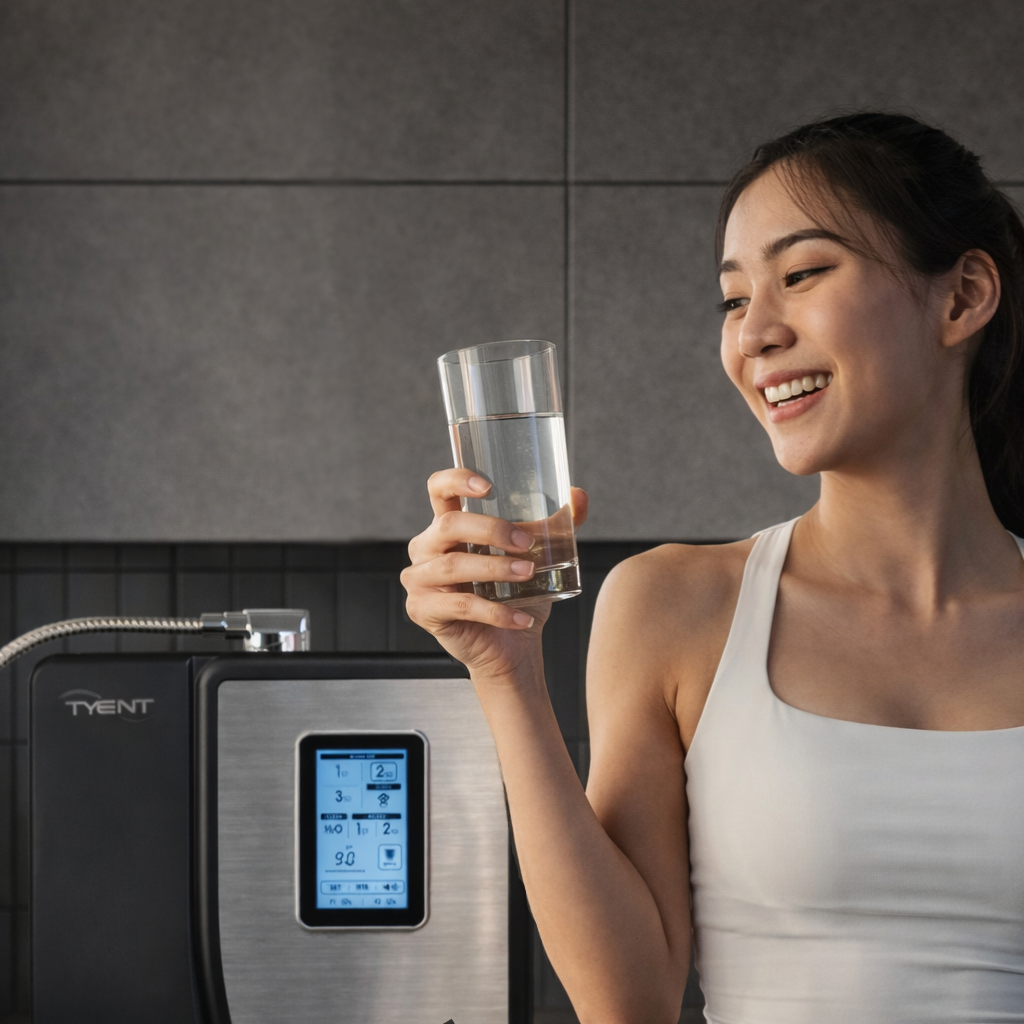 Tyent Alkaline H2 Hybrid water ionizer kitchen use woman holding glass of water clean hydration home setting