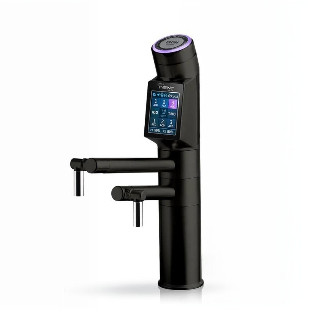 Tyent UCE-13 PLUS black ionizer faucet with touchscreen display and dual spout water outlets