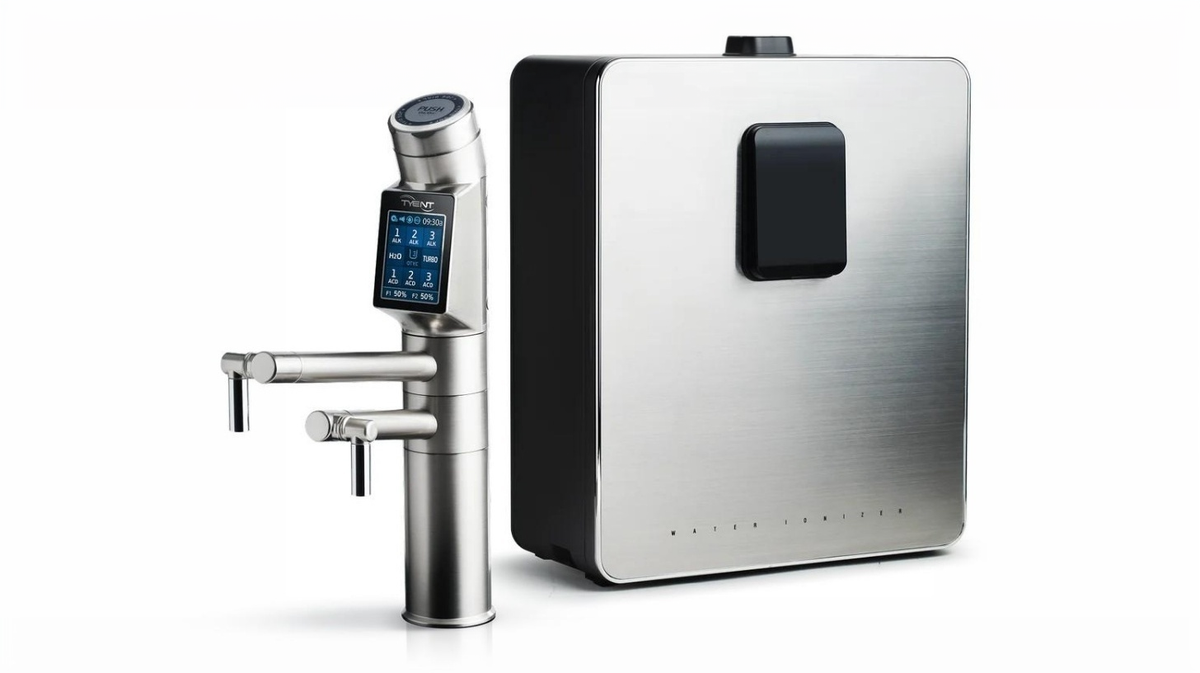 Tyent UCE-13 PLUS built-in water ionizer system with touchscreen faucet and stainless steel under-sink unit in modern kitchen setting