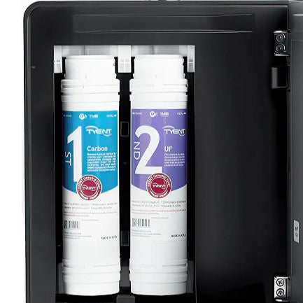 Tyent UCE-13 PLUS dual filter system showing carbon and UF filtration cartridges inside under-sink unit
