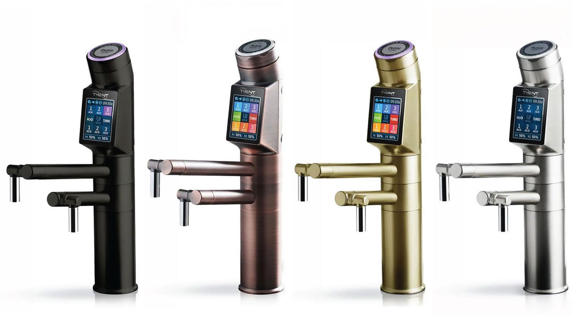 Tyent UCE-13 PLUS ionizer faucet color options in black copper gold and stainless finishes with touchscreen display