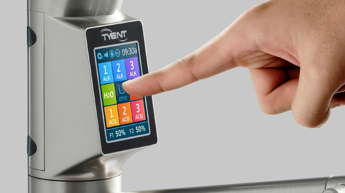 Tyent UCE-13 PLUS touchscreen control panel showing alkaline acidic and purified water selection interface