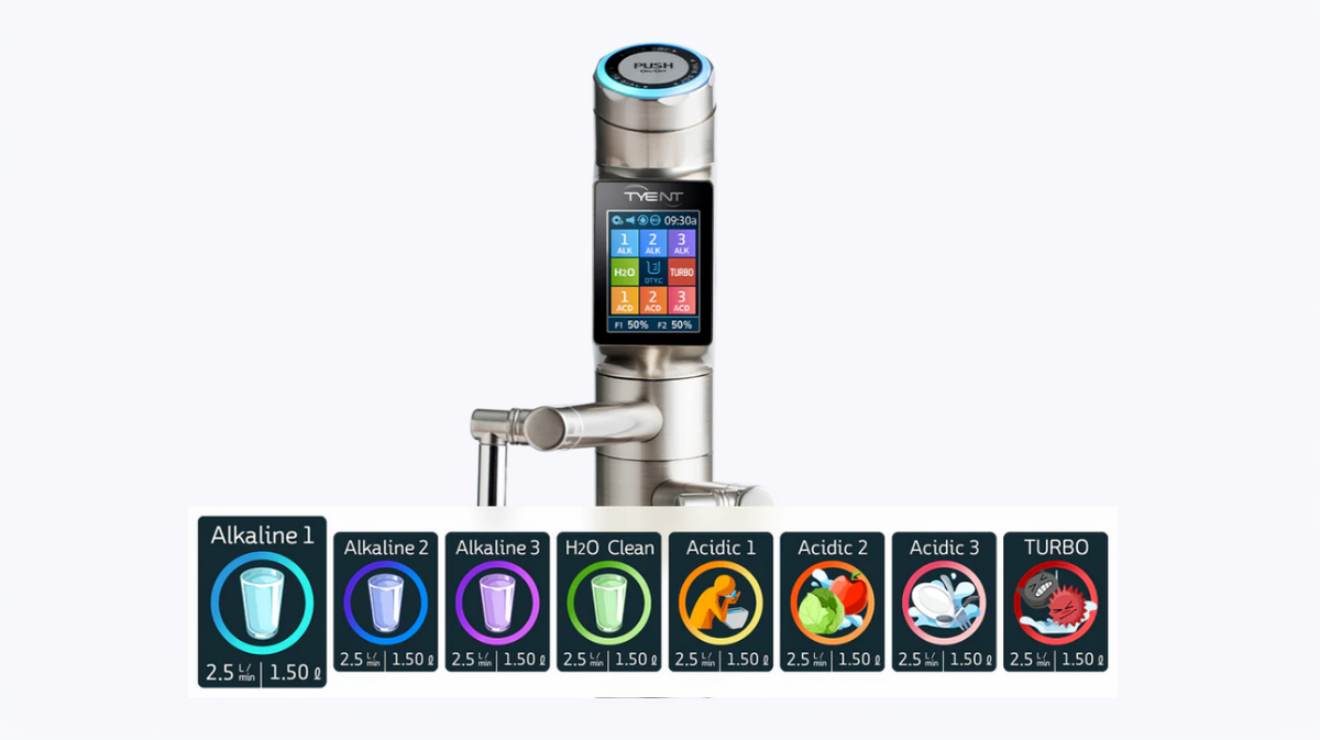 Tyent UCE-13 PLUS water modes display showing alkaline acidic purified and turbo water options interface