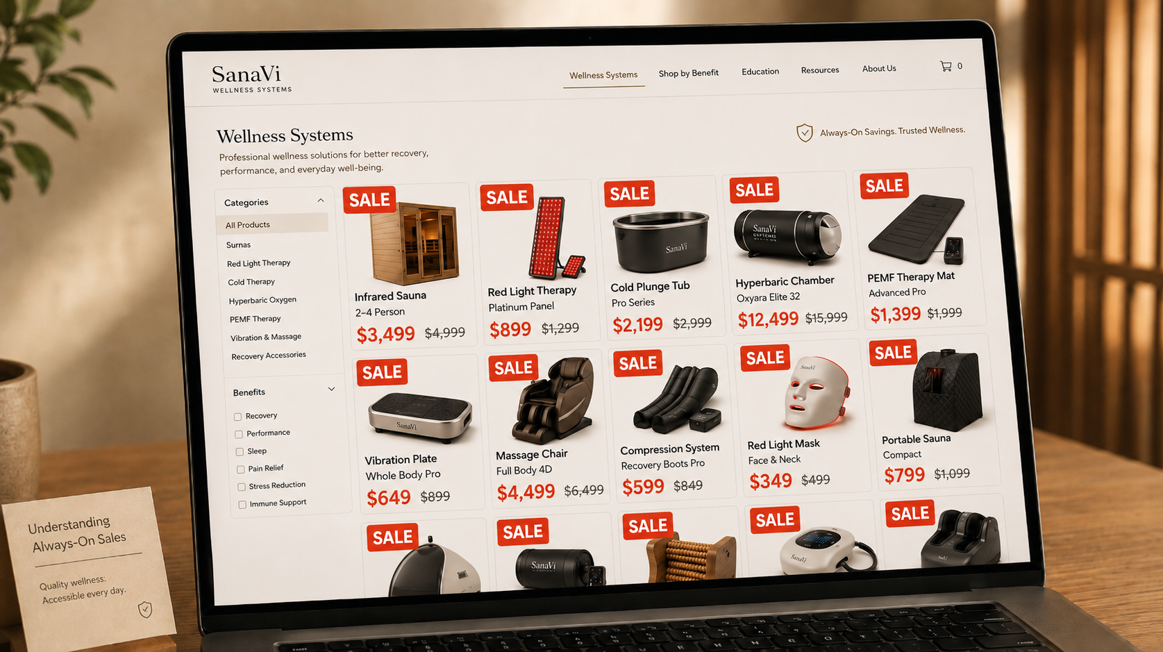 Understanding Always-On Sales educational image showing a laptop displaying a wellness systems collection page with oversized sale badges and discounted pricing in a desk workspace.