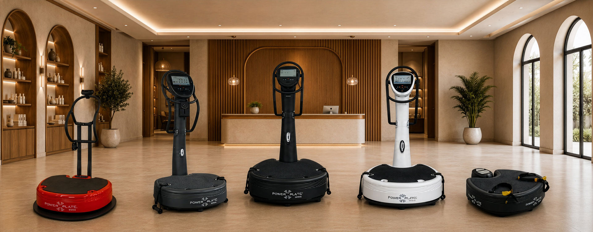 Whole body vibration therapy systems displayed in the SanaVi Health Systems showroom, featuring Power Plate vibration platforms arranged for comparison.
